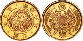 Japan
Old type 5 Yen Gold Reduced JNDA01-3A
Year: 1873
Condition: VF-EF
Diameter: 21.82mm
Weight: 8.33g
Purity: .900