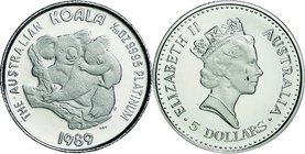 Australia
Koala 5 Dollars (1/20oz) Platinum Proof
Year: 1989
Condition: Proof
Diameter: 14.10mm
Weight: 1.57g
Purity: .9995