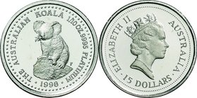 Australia
Koala 15 Dollars (1/10oz) Platinum Proof
Year: 1998
Condition: Proof
Diameter: 16.10mm
Weight: 3.137g
Purity: .9995