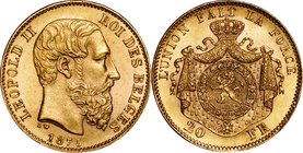Belgium
Leopold II 20 Francs Gold
Year: 1875
Condition: UNC
Diameter: 21.20mm
Weight: 6.45g
Purity: .900