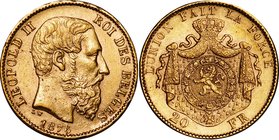 Belgium
Leopold II 20 Francs Gold
Year: 1876
Condition: VF-EF
Diameter: 21.20mm
Weight: 6.45g
Purity: .900
Remarks: Lim damaged