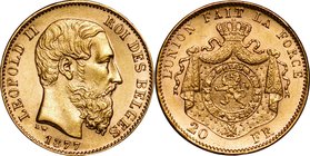Belgium
Leopold II 20 Francs Gold
Year: 1877
Condition: VF-EF
Diameter: 21.20mm
Weight: 6.45g
Purity: .900