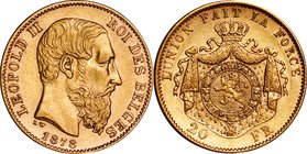 Belgium
Leopold II 20 Francs Gold
Year: 1878
Condition: EF
Diameter: 21.20mm
Weight: 6.45g
Purity: .900