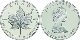 Canada
Maple Leaf 5 Dollars (1oz) Silver Proof
Year: 1989
Condition: Proof
Diameter: 38.00mm
Weight: 31.10g
Purity: .9999