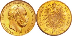 Germany(Prussia)
Wilhelm I 10 Mark Gold
Year: 1872(A)
Condition: FDC
Grade (Slab): NGC MS67
Diameter: 19.50mm
Weight: 3.98g
Purity: .900