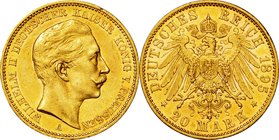 Germany(Prussia)
Wilhelm II 20 Mark Gold
Year: 1895(A)
Condition: EF
Diameter: 22.40mm
Weight: 7.96g
Purity: .900