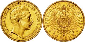 Germany(Prussia)
Wilhelm II 20 Mark Gold
Year: 1897(A)
Condition: EF
Diameter: 22.40mm
Weight: 7.96g
Purity: .900