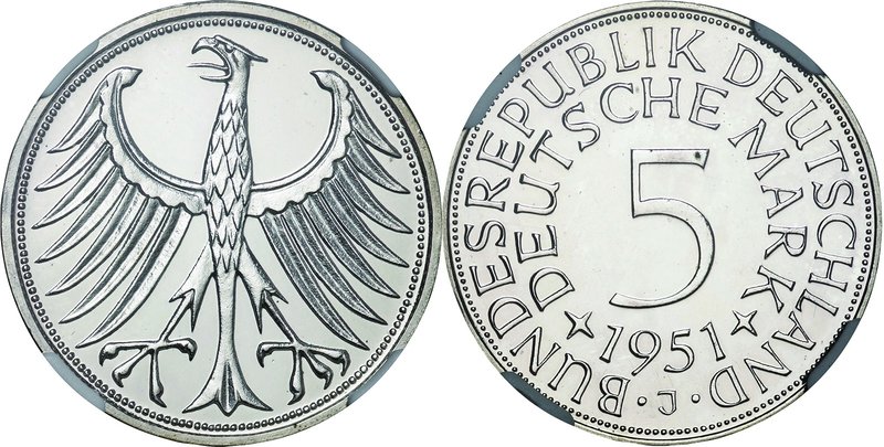 Germany(West-Germany)
Large Eagle 5 Mark Silver Proof
Year: 1951(J)
Condition...