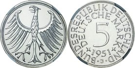 Germany(West-Germany)
Large Eagle 5 Mark Silver Proof
Year: 1951(J)
Condition: VF-EFProof
Grade (Slab): NGC PF62
Diameter: 29.00mm
Weight: 11.20...