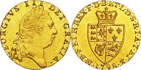 GB
George III 1 Guinea Gold
Year: 1798
Condition: VF-EF
Diameter: 24.50mm
Weight: 8.35g
Purity: .917
Remarks: small Hair-line