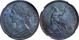 GB
Victoria/Britannia Seated 1 Penny Bronze
Year: 1862
Condition: VF-EF
Grade (Slab): NGC MS62 BN
Diameter: 31.00mm
Weight: 9.40g
