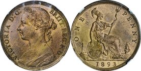 GB
Victoria/Britannia Seated 1 Penny Bronze
Year: 1893
Condition: UNC
Grade (Slab): NGC MS64 RB
Diameter: 31.00mm
Weight: 8.80g