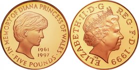GB
In Memory of Diana-Princess of Wales 5 Pounds Gold Proof
Year: 1999
Condition: Proof
Grade (Slab): PCGS PR69DCAM
Diameter: 38.61mm
Weight: 39...