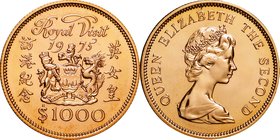 Hong Kong
Elizabeth II Royal Visit 1000 Dollars Gold
Year: 1975
Condition: UNC
Diameter: 28.40mm
Weight: 15.97g
Purity: .917
Mintage: 5,000 Pie...