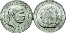 Hungary
Franz Joseph I 40th Anniversary of Colonation 5 Korona Silver
Year: 1907-KB
Condition: VF-EF
Grade (Slab): PCGS MS63
Diameter: 36.00mm
W...