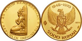 Indonesia
25th Anniversary of Independence 5000 Rupiah Gold Proof
Year: 1970
Condition: Proof
Diameter: 29.00mm
Weight: 12.34g
Purity: .900
Min...