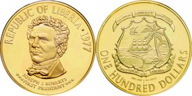 Liberia
130th Anniversary of the Republic 100 Dollars Gold Proof
Year: 1977
Condition: Proof
Diameter: 26.10mm
Weight: 10.93g
Purity: .900
Mint...