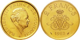 Monaco
Rainier III 2 Francs Gold Essai Piedfort Proof
Year: 1982
Condition: Piedfort Proof
Grade (Slab): PCGS SP67
Diameter: 26.50mm
Weight: 30....
