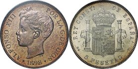 Spain
Alfonso XIII Child Head 5 Pesetas Silver
Year: 1898
Condition: VF-EF
Grade (Slab): PCGS MS62
Diameter: 37.40mm
Weight: 25.00g
Purity: .90...
