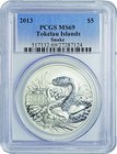Tokelau
Year of the Snake 5 Dollars Silver
Year: 2013
Condition: FDC
Grade (Slab): PCGS MS69
Diameter: 38.60mm
Weight: 31.10g
Purity: .999