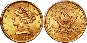 USA
Coronet Head 5 Dollars Gold
Year: 1900
Condition: UNC
Grade (Slab): PCGS MS64
Diameter: 21.60mm
Weight: 8.35g
Purity: .900