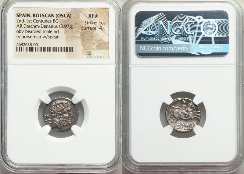 IBERIA. Bolscan (Osca). Ca. 150-100 BC. AR drachm (17mm, 3.97 gm, 12h). NGC XF S...