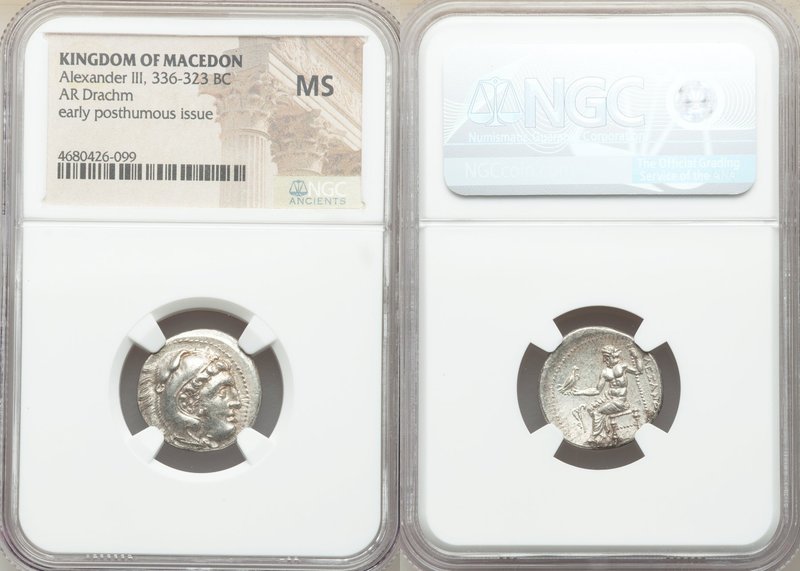 MACEDONIAN KINGDOM. Alexander III the Great (336-323 BC). AR drachm. NGC MS. Pos...