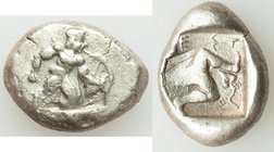 PAMPHYLIA. Aspendus. Ca. mid-5th century BC. AR stater (18mm, 10.86 gm). VF. Helmeted nude hoplite advancing right, spear forward in right hand, shiel...