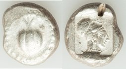 PAMPHYLIA. Side. Ca. 5th century BC. AR stater (19mm, 10.87 gm, 1h). VF, test cut. Ca. 430-400 BC. Pomegranate, guilloche beaded border / Head of Athe...
