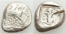 CILICIA. Tarsus. Ca. late 5th century BC. AR stater (18mm, 10.42 gm, 10h). Fine, test cut. Satrap on horseback riding left, reins in left hand / Arche...