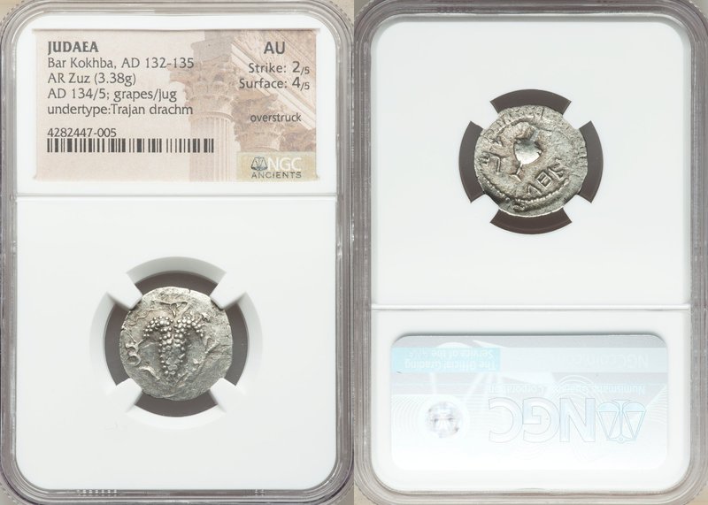 JUDAEA. Bar Kokhba Revolt (132-135 AD). AR zuz (19mm, 3.38 gm, 7h). NGC AU 2/5 -...