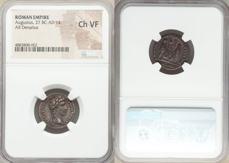 Augustus (27 BC-AD 14). AR denarius (18mm, 7h). NGC Choice VF. Lugdunum, 2 BC-AD...