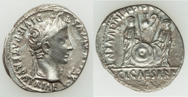 Augustus (27 BC-AD 14). AR denarius (18mm, 3.58 gm, 7h). AU, horn silver. Lugdun...