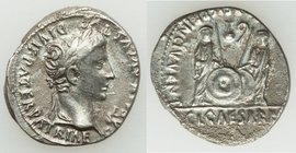Augustus (27 BC-AD 14). AR denarius (18mm, 3.58 gm, 7h). AU, horn silver. Lugdunum, 2 BC-AD 4. CAESAR AVGVSTVS-DIVI F PATER PATRIAE, laureate head of ...