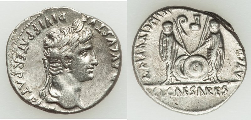 Augustus (27 BC-AD 14). AR denarius (19mm, 3.54 gm, 11h). AU. Lugdunum, 2 BC-AD ...