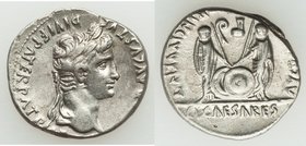 Augustus (27 BC-AD 14). AR denarius (19mm, 3.54 gm, 11h). AU. Lugdunum, 2 BC-AD 4. CAESAR AVGVSTVS-DIVI F PATER PATRIAE, laureate head of Augustus rig...