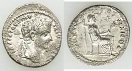 Tiberius (AD 14-37). AR denarius (19mm, 3.54 gm, 10h). AU, horn silver. Lugdunum. TI CAESAR DIVI-AVG F AVGVSTVS, laureate head of Tiberius right / PON...