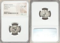 Vespasian (AD 69-79). AR denarius (17mm, 5h). NGC Choice XF. Antioch, AD 72-73. IMP CAES VESP AVG P M COS IIII, laureate head of Vespasian right / CON...