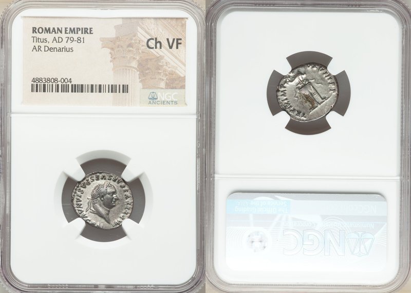 Titus, as Augustus (AD 79-81). AR denarius (17mm, 5h). NGC Choice VF. Rome, AD 7...