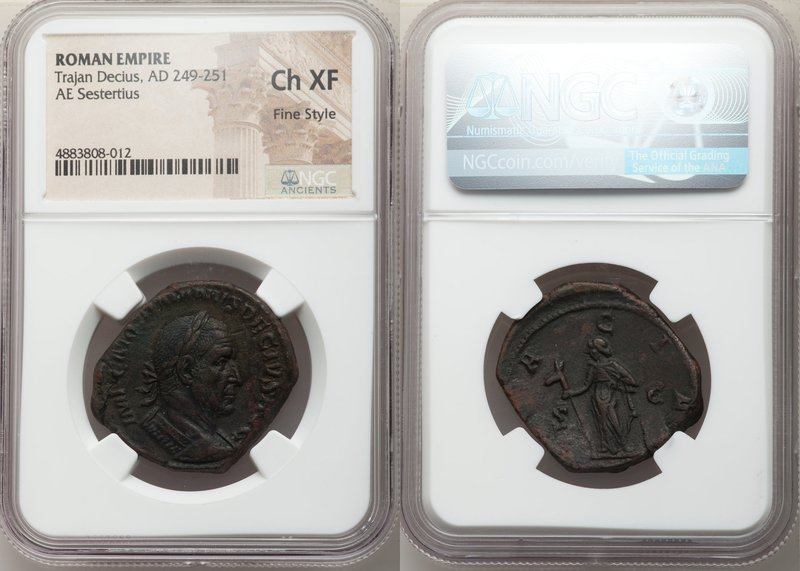 Trajan Decius (AD 249-251). AE sestertius (29mm, 12h). NGC Choice XF, Fine Style...