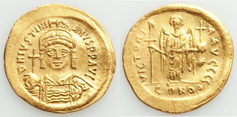 Justinian I the Great (AD 527-565). AV solidus (21mm, 4.52 gm, 6h). AU, wavy fla...