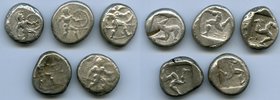 ANCIENT LOTS. Greek. Pamphylia. Aspendus. Ca. mid-5th century BC. Lot of five (5) AR staters. Fine-About VF, test cut. Includes: Hoplite and triskeles...