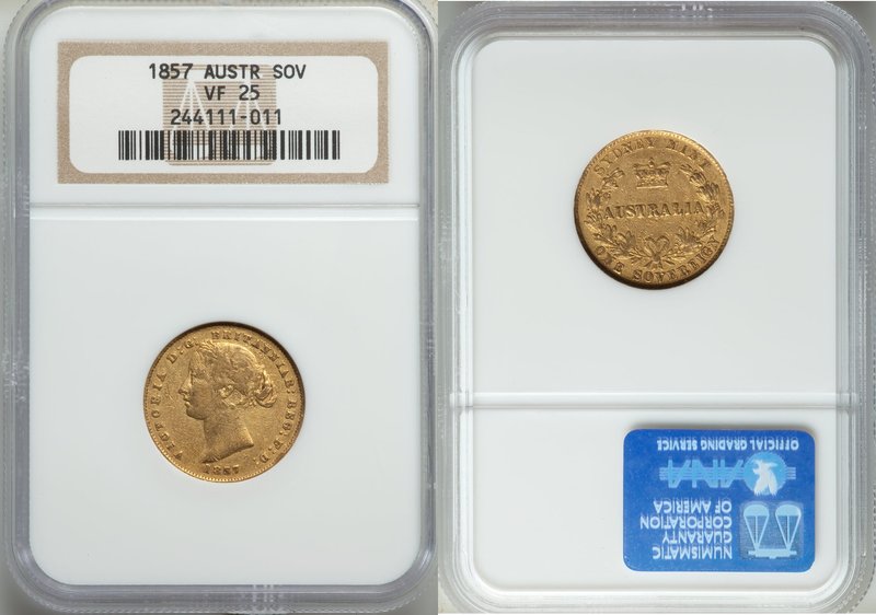 Victoria gold Sovereign 1857-SYDNEY VF25 NGC, Sydney mint, KM4. AGW 0.2353 oz.

...