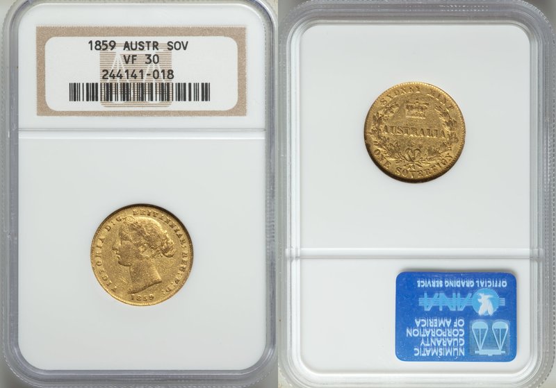 Victoria gold Sovereign 1859-SYDNEY VF30 NGC, Sydney mint, KM4. AGW 0.2353 oz.

...