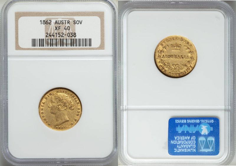 Victoria gold Sovereign 1862-SYDNEY XF40 NGC, Sydney mint, KM4. AGW 0.2353 oz.

...