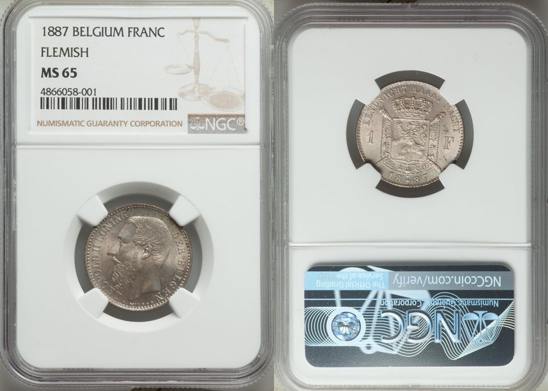 Leopold II Franc 1887 MS65 NGC, KM29.2. Flemish legend variety. Attractive dove-...