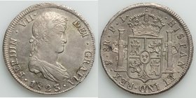 Ferdinand VII 8 Reales 1823 PTS-PJ AU (surface hairlines), Potosi mint, KM84. 39.1mm. 26.75gm. Usual flatness in strike on obverse, olive gray toning....