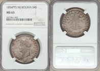 Republic 4 Soles 1854 PTS-MJ MS63 NGC, Potosi mint, KM123.2. Lavender gray toning and full strike for type, edge defect between 8 and 9 o'clock on rev...