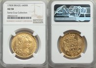 Maria I & Pedro III gold 6400 Reis 1783-R AU58 NGC, Rio de Janeiro mint, KM199.2. Lustrous and conservatively graded but does have obverse adjustments...