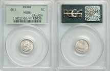 George V 5 Cents 1911 MS66 PCGS, Ottawa mint, KM16. An important one year type coin with no "Dei Gra" in legend. This would be changed in 1912. Old Gr...